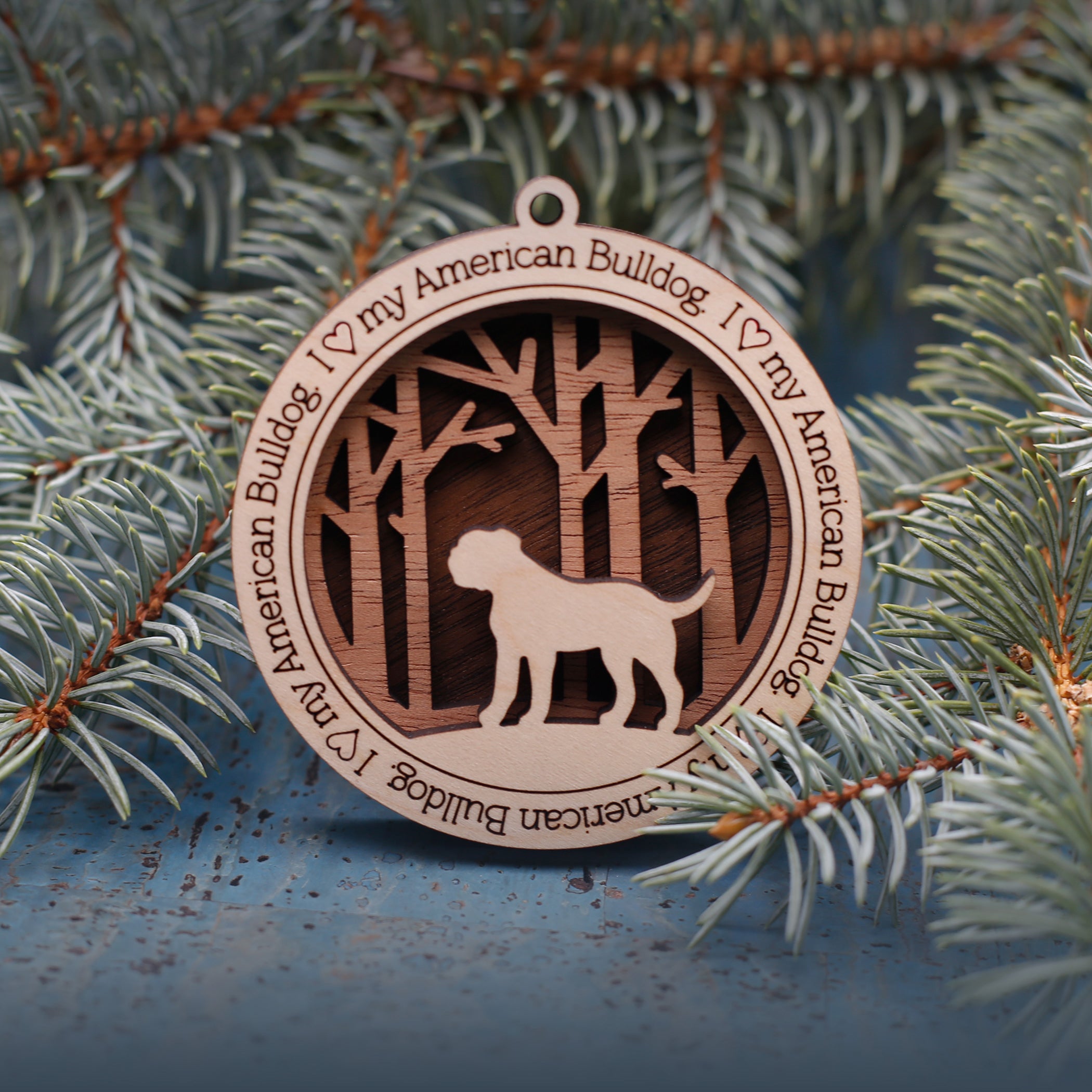 American Bulldog Woodland Silhouette Customized Ornament
