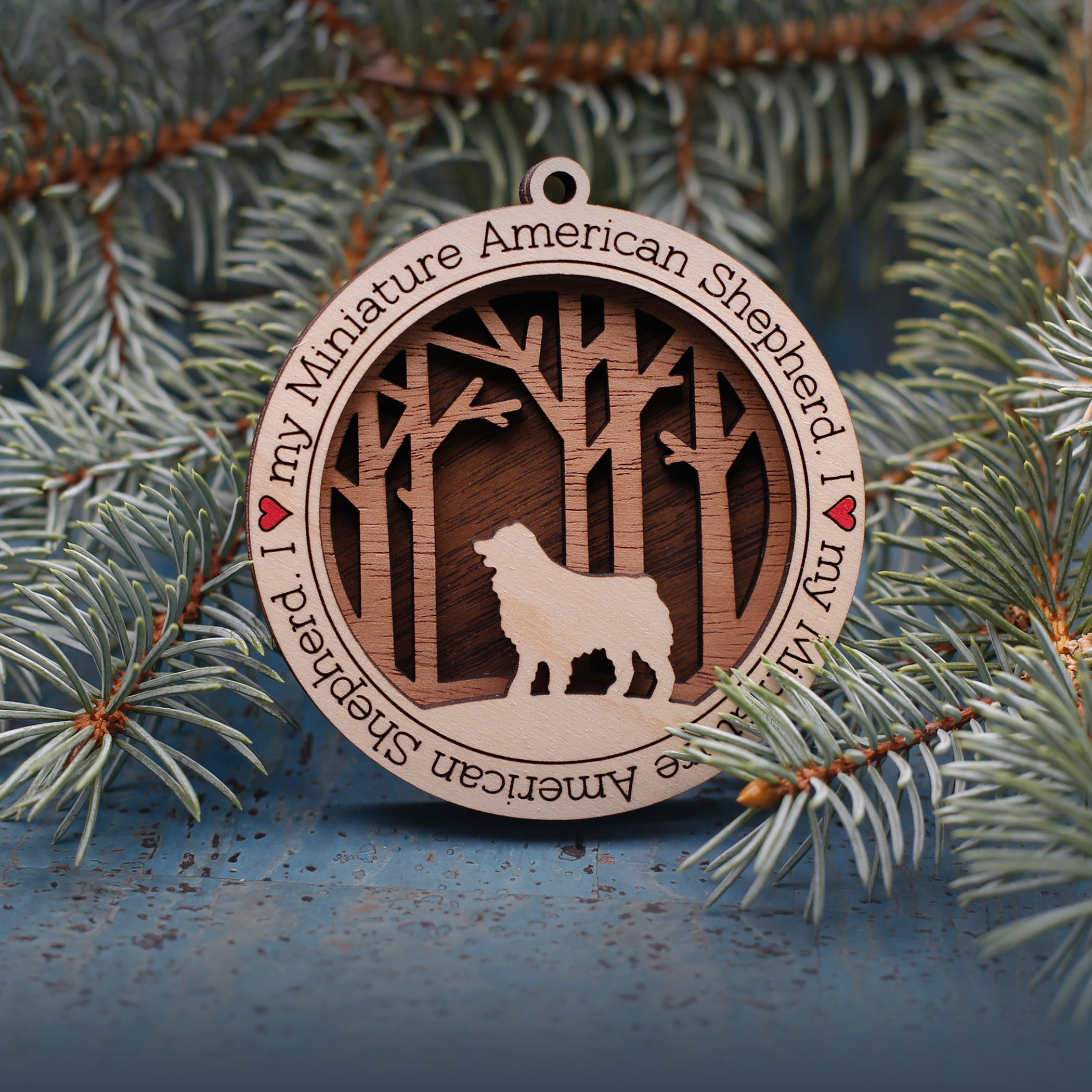 Miniature American Shephards Woodland Dog Silhouette Customized Ornament