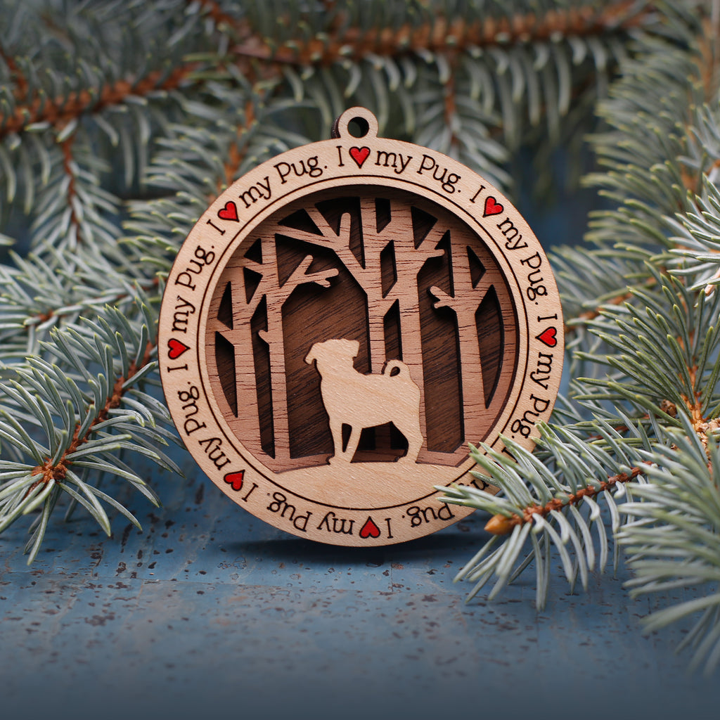 Pug Woodland Dog Silhouette Customized Ornament